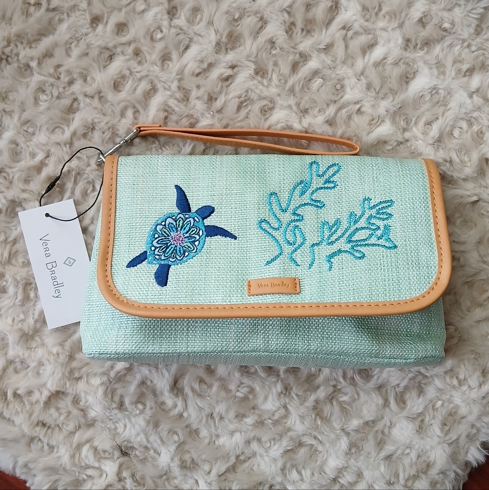 EUC Vera Bradley Mint Green Clutch with Blue Embroidery